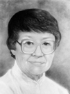 Picture portrait of painting of woman with short brown hair and large goggle-type glasses 