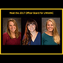 three youg women, one short brown hair, one long dark hair, and tone blond, all smiling happily