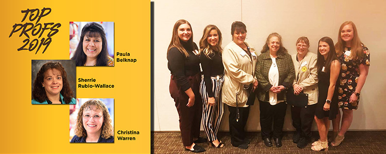 three professors pose with all the student nominators in one long line