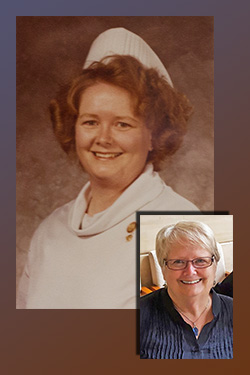 young woman in nurse uniform with pic of older self for comparison