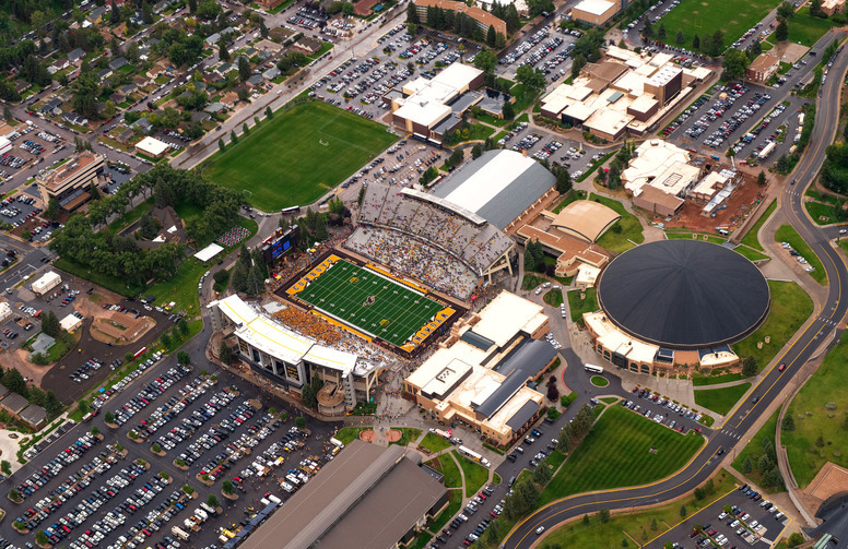 arial shot of war memorial stadium and the arena auditorium