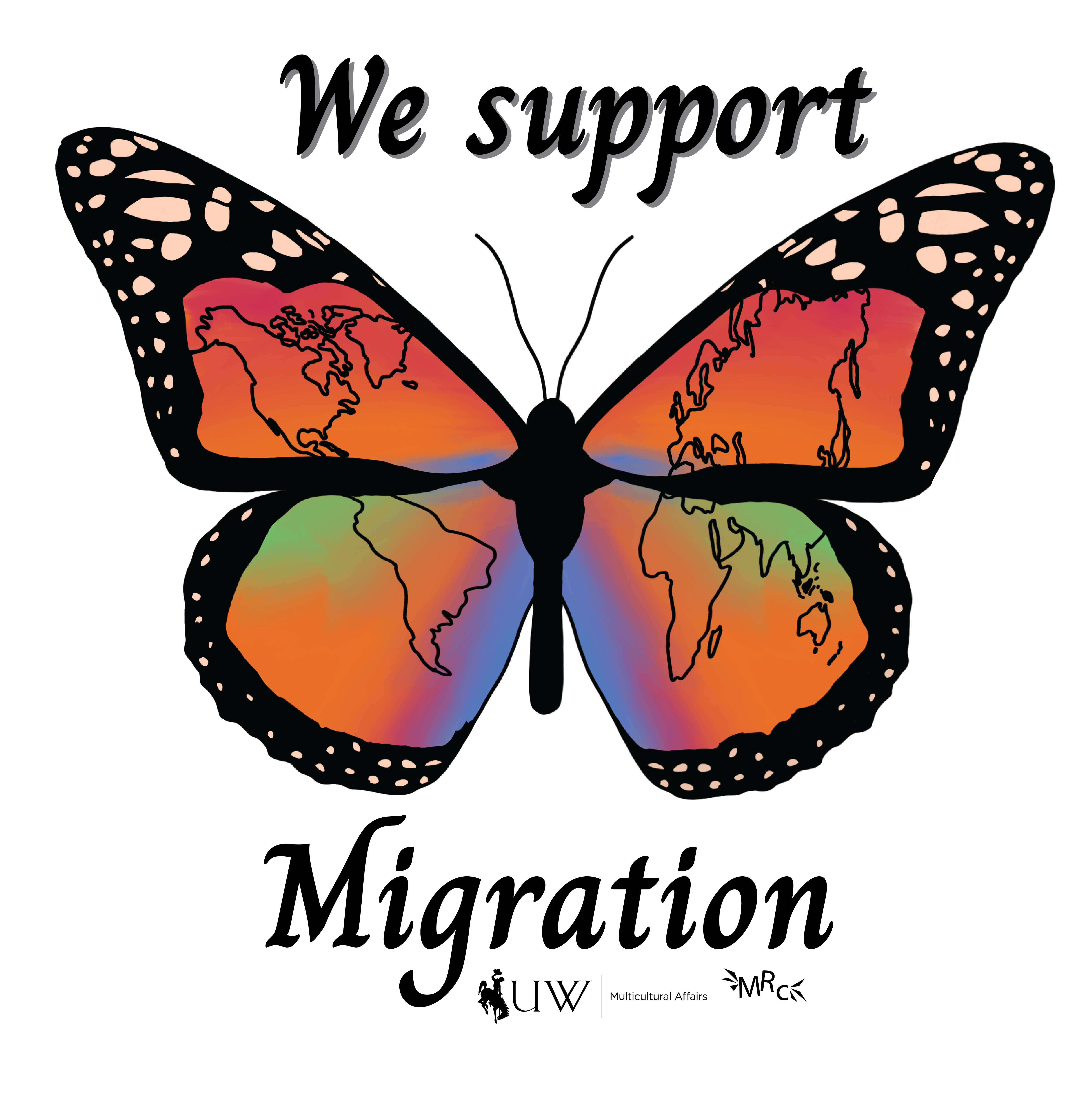 monarch butterfly with world map in wings, title we support migration