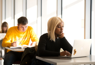 A student pursuing an online college degree engages in coursework on a laptop computer.