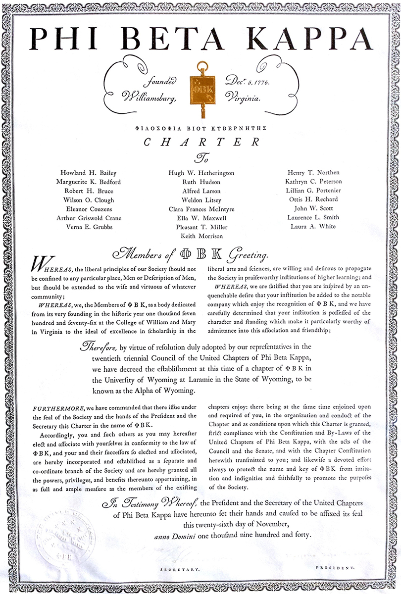 University of Wyoming PBK Charter from 1940