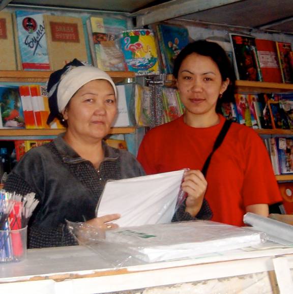 two women at a stationary shop in Kazakhstan