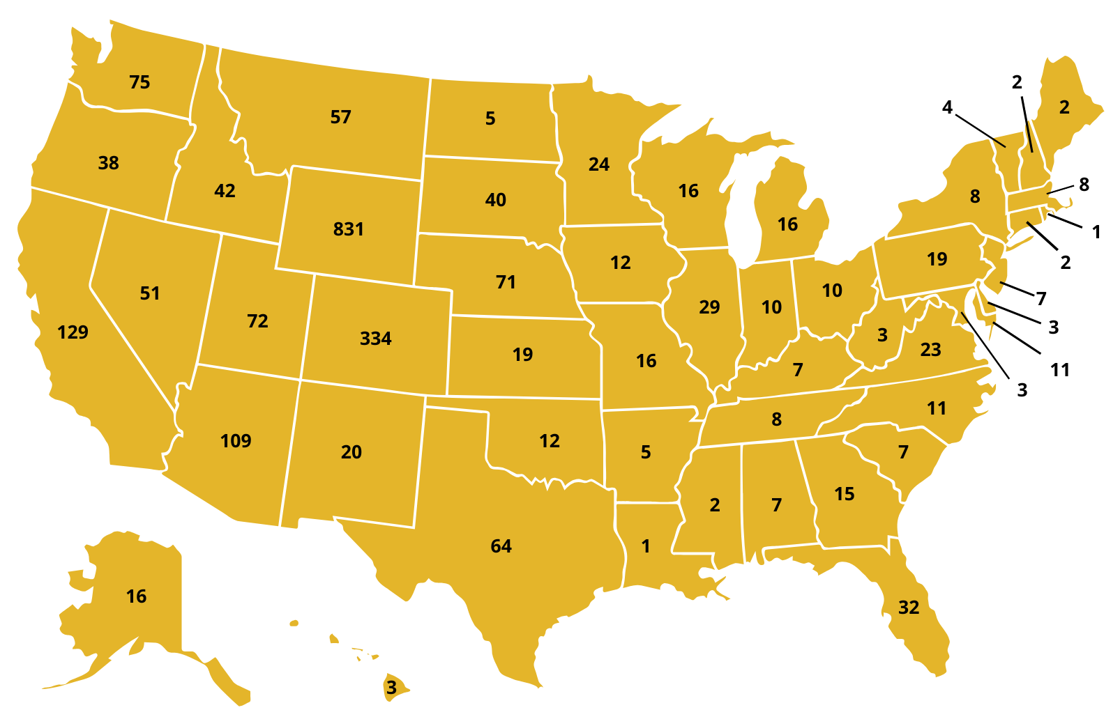Gold United States map with alumni numbers