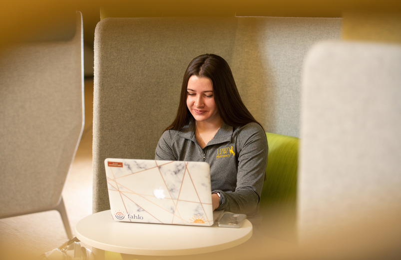 A student works on a laptop