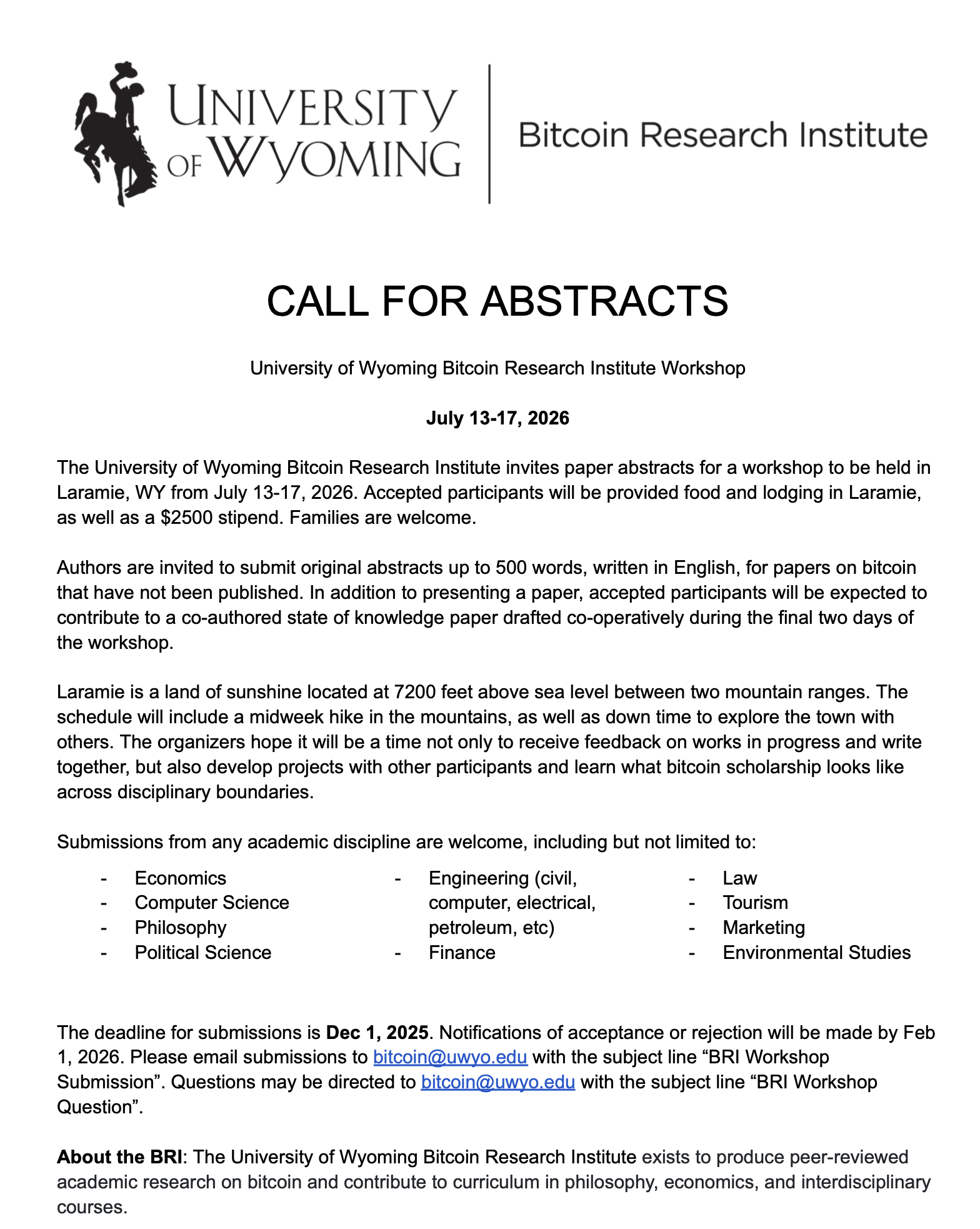 Call for Abstracts for BRI Workshop