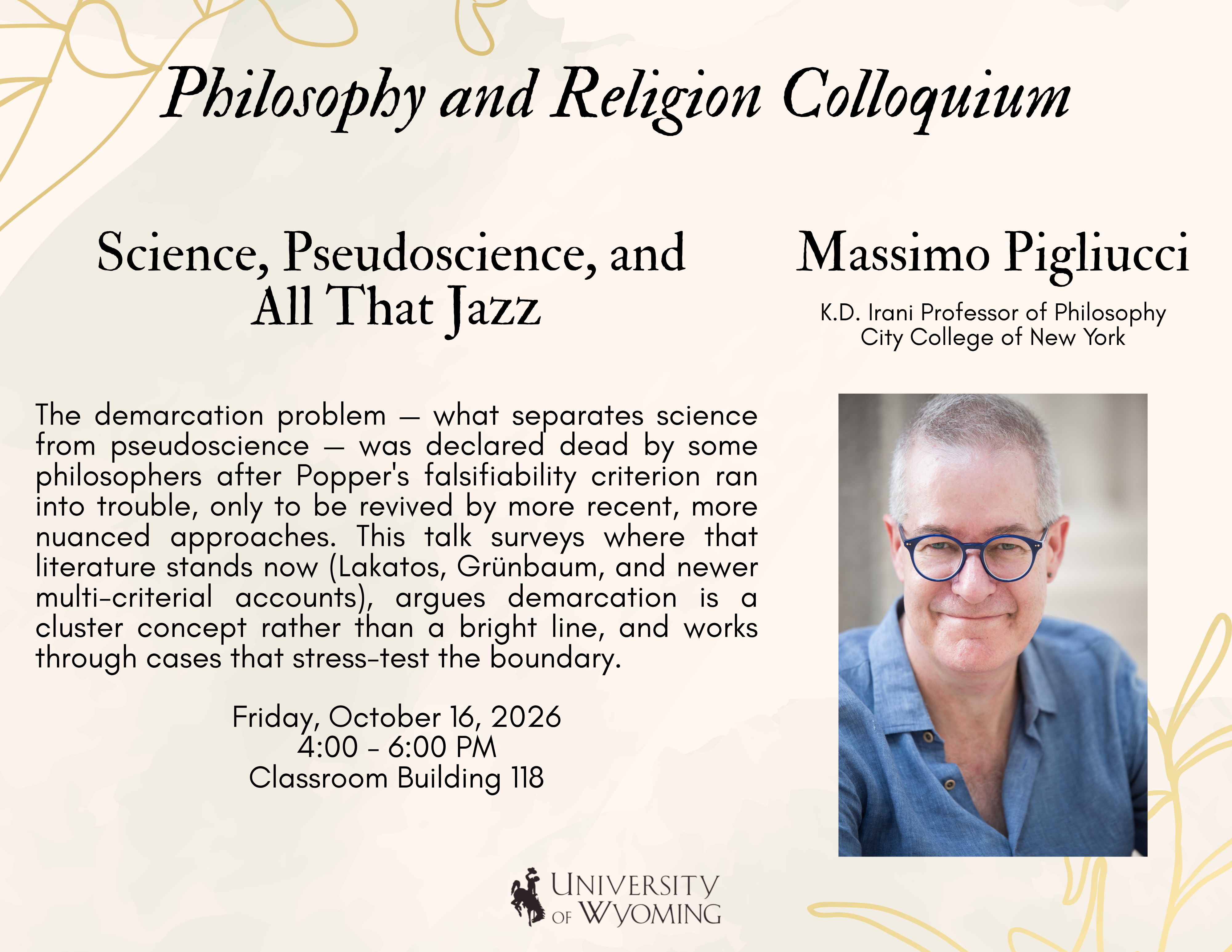 A flier with a picture of Massimo Pigliucci