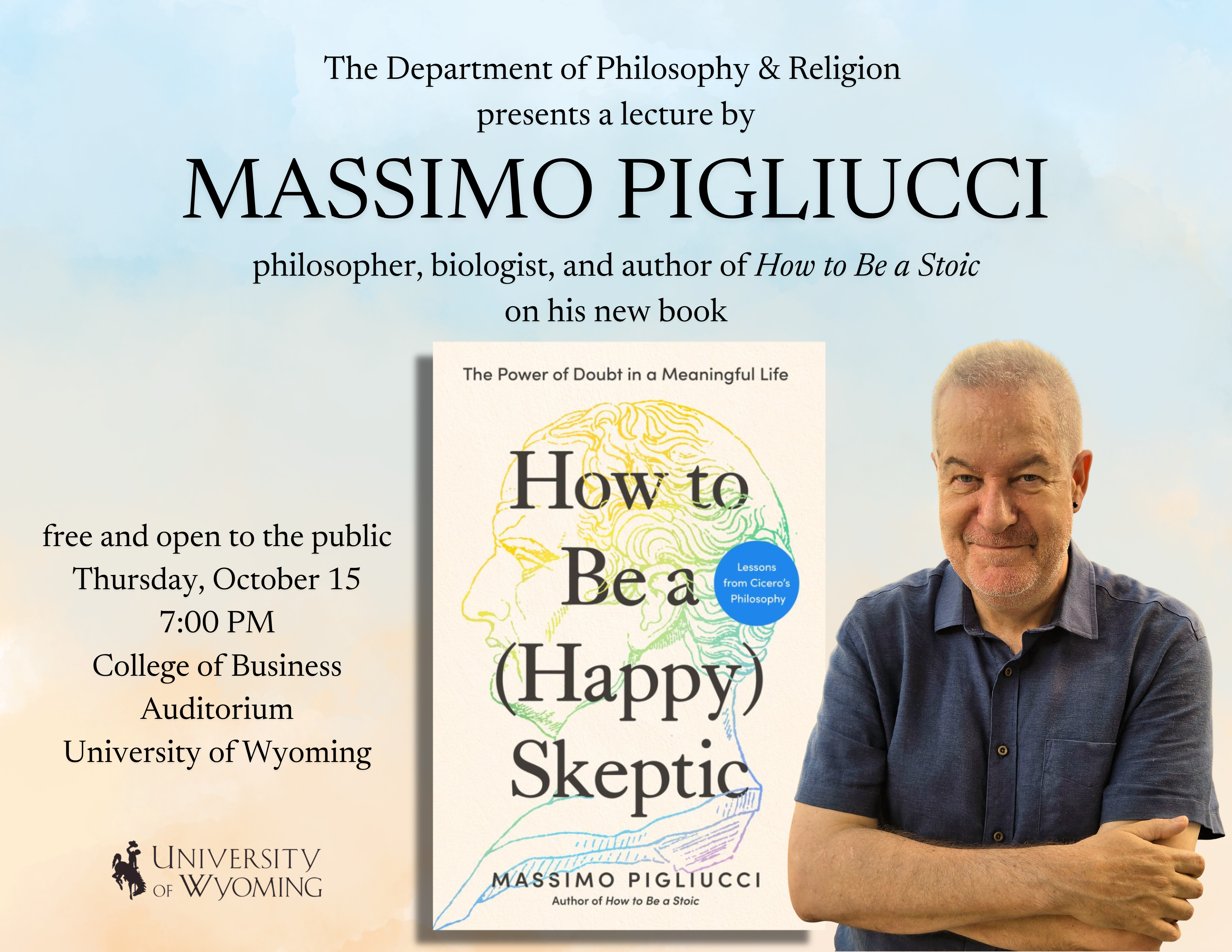 A poster of Massimo Pigliucci summarizing the information about the public talk