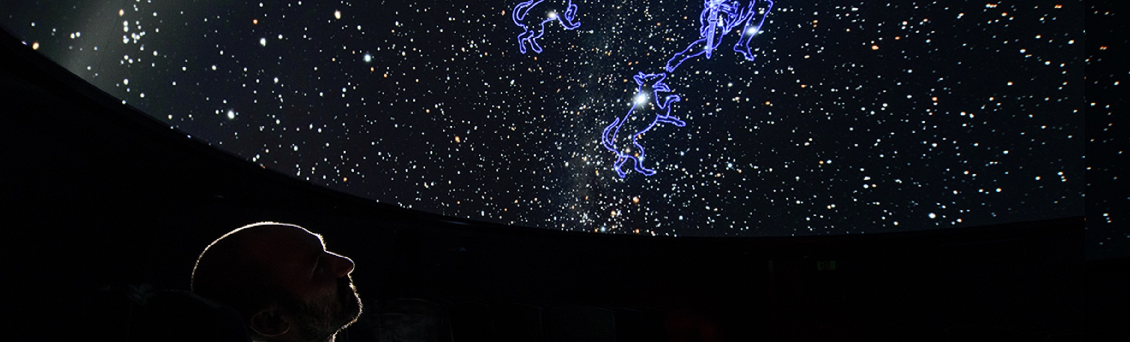 man looking up at planetarium