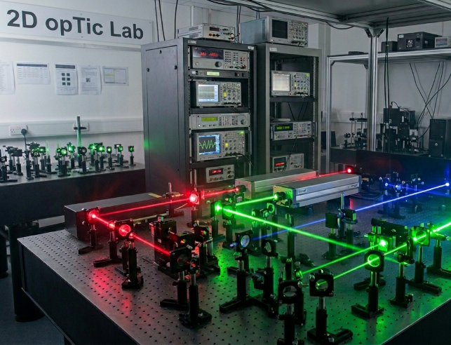 Red, green and blue laser beams from a grid on a table top in a dark lab with banks of equipment and the name 2D Optic Laboratory on the wall