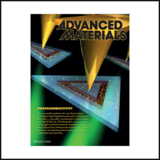 Lateral Junction Cover of Advanced Materials magazine. Black background with shapes in yellow, blue, and green, subtitle "Photoconductivity" and a paragraph of text