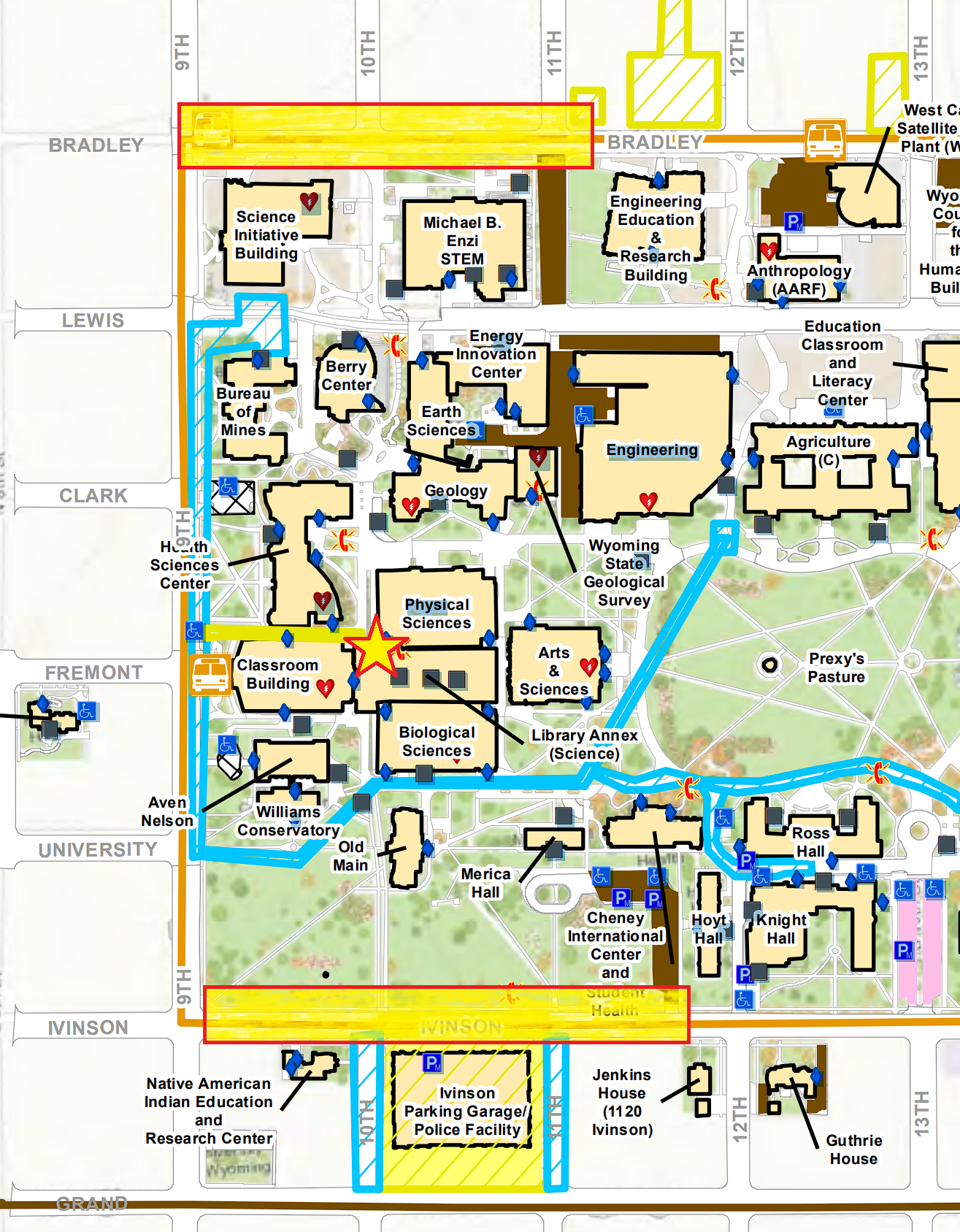 detail of campus map with parking highlighted