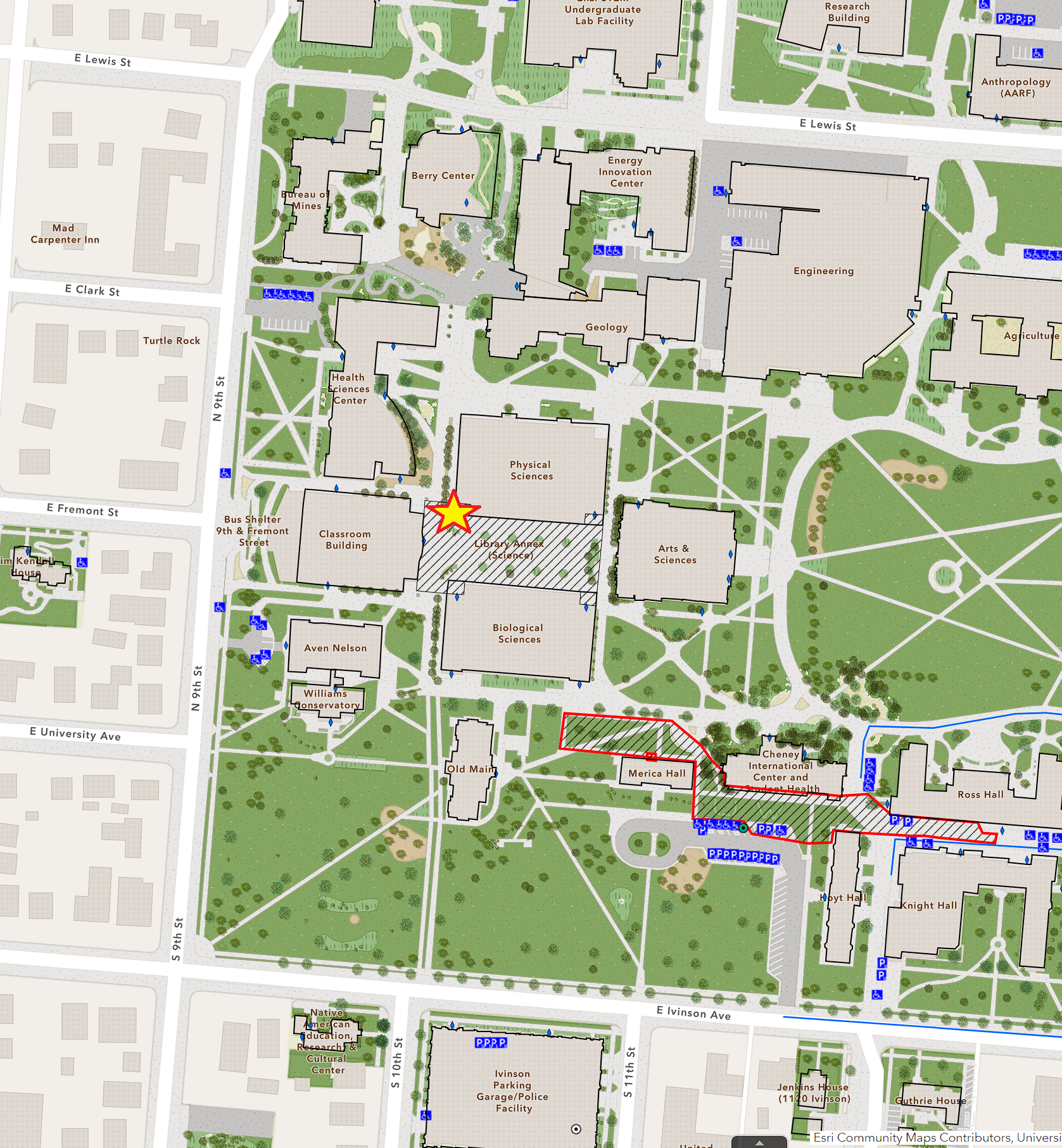 detail of campus map with parking highlighted