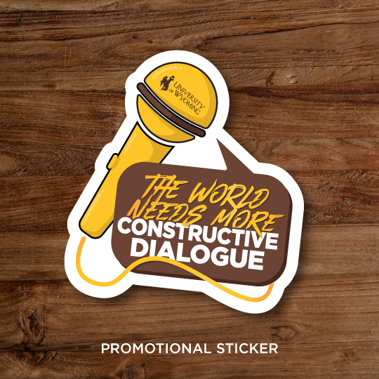 Promotional sticker that says "the world needs more constructive dialogue"
