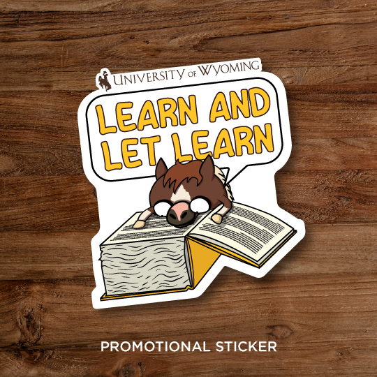 Promotional sticker with Cowboy Joe reading a large book and the words "Learn and Let Learn"