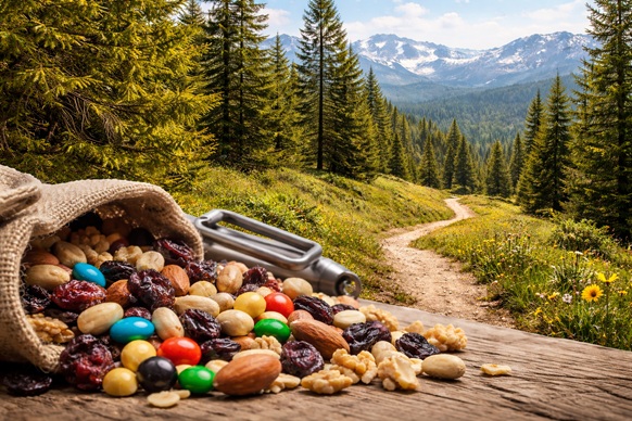 Bag of trail mix with mountains and trail behind it