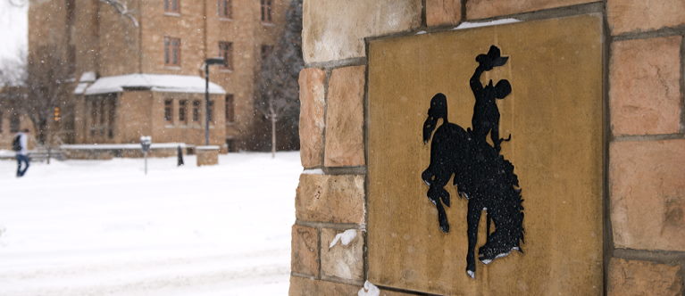 Bucking horse figure on a column outside of Knight Hall