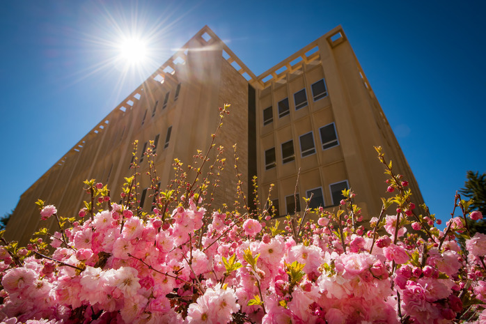 Biological sciences building in the spring.