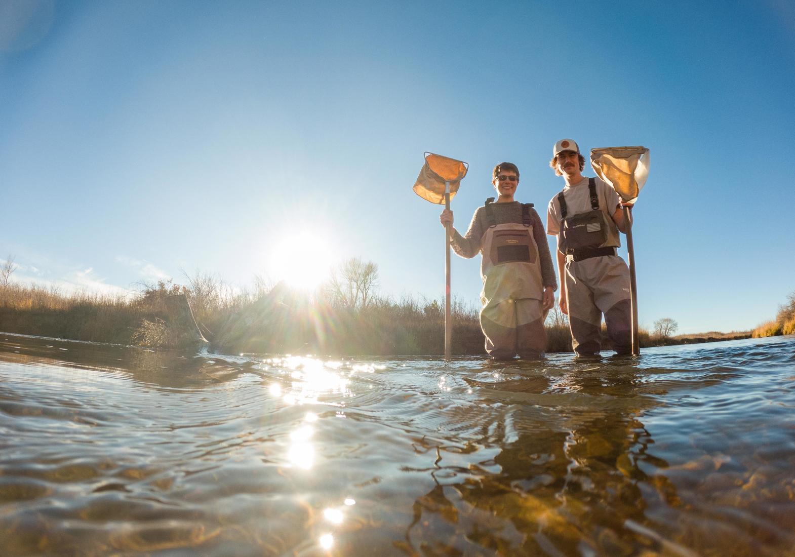 A view from just above the water in the Laramie River, focused on two researchers with fishing nets.