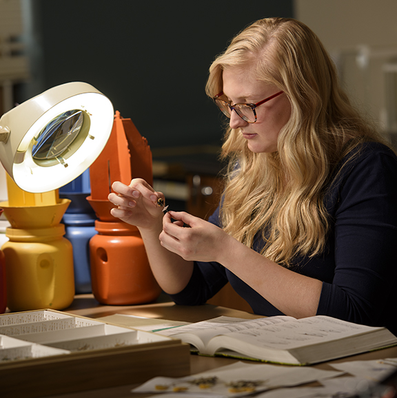 Female student identifying botany samples