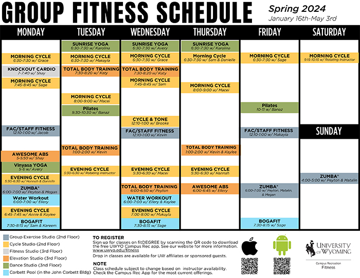 Class Schedule, Group Fitness, Campus Recreation