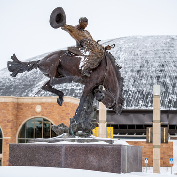 Bucking horse and rider statue with snow on the ground