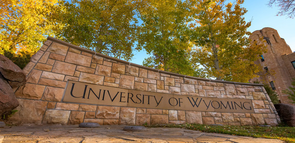 A stone University of Wyoming sign with fall leaves in the background