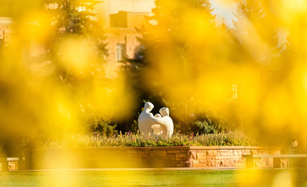 family statue located in prexys pasture with fall leaves in the foreground