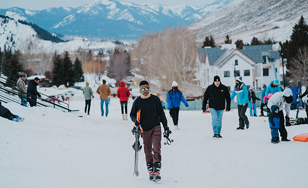 winter village with skiers
