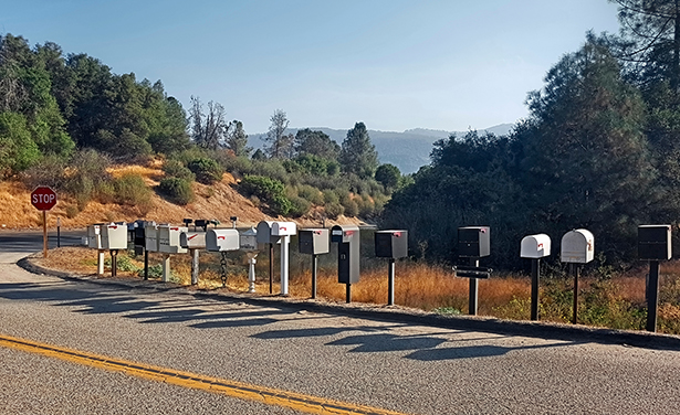 a row of mailboxes along a street