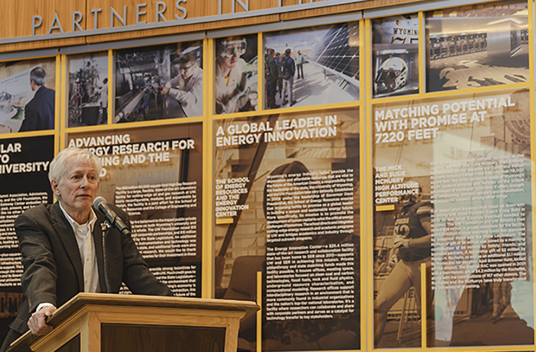 President Ed Seidel giving speech at University of Wyoming