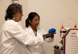 A UW researcher and mentor utilize technology in a University of Wyoming lab for their research project.