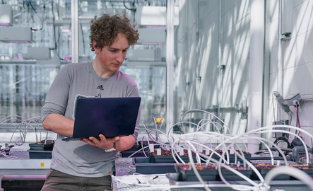 UW student with laptop in a lab with plants and connected tubes.jpg