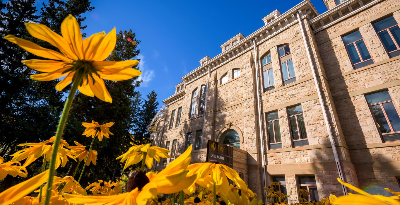 Black eye Susan flowers in foreground in front of UW Old Main building