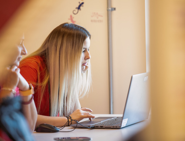 Two people looking at a laptop