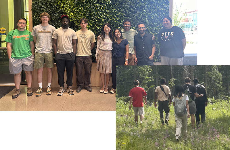 Undergraduate research students posing as a group and hiking