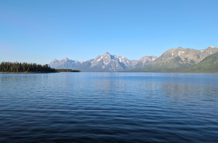 A view of Jackson Lake, cow island, and the Tetons far beyond