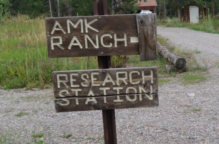 An old wooden sign that says AMK Ranch Research Station