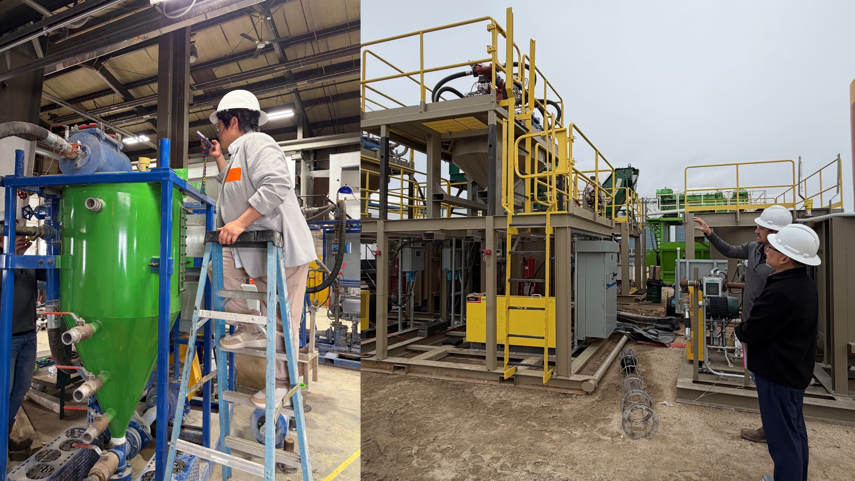 right, man stands on ladder overlooking machinery, left two men stand in front of machinery in the field 
