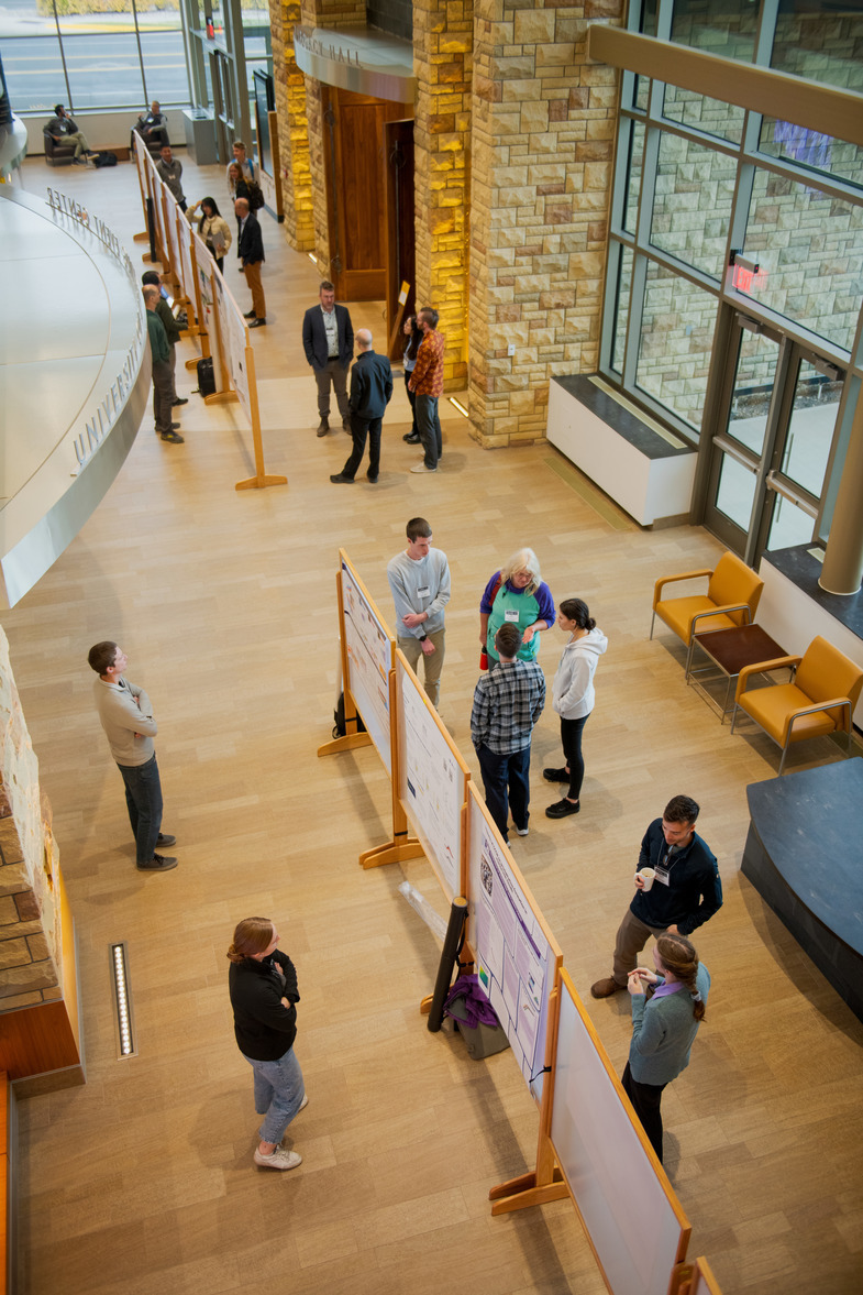 hallway full of posters and people