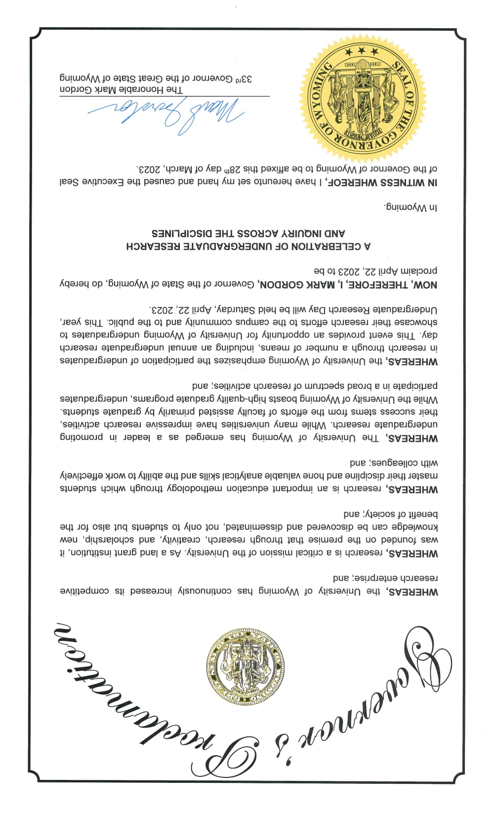 Governor's proclamation regarding undergraduate research day