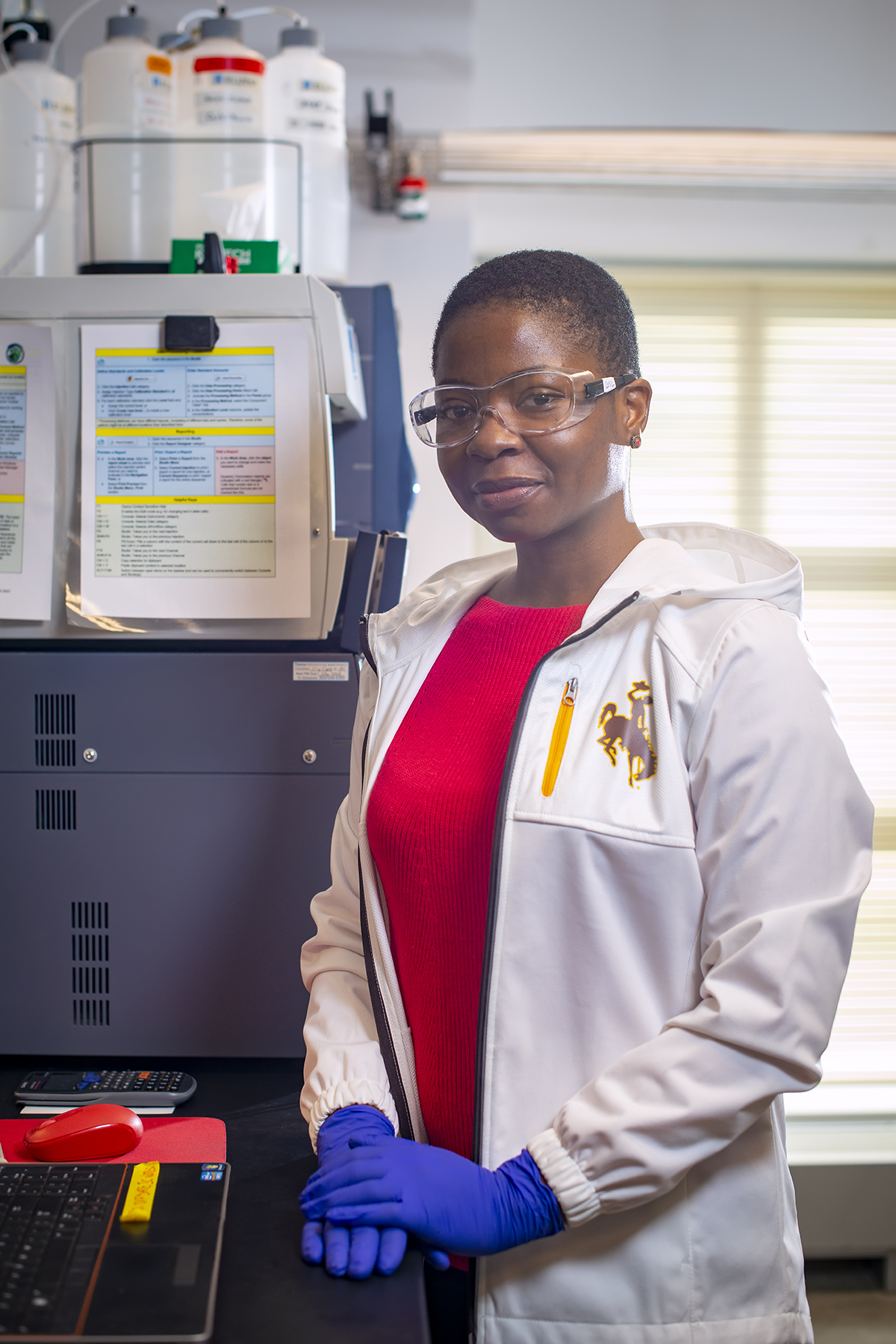 Alero Gure from Nigeria works in the Geochemistry Analytical Laboratory in the Earth Sciences Building. She works with an Ion Chromatographic System and switches out sample loops that analyze anions, specifically the oxychlorine species that Alero is studying. The purpose of her research is how certain oxidized compounds are formed on the surface of Mars by photoelectrochemical processes. 