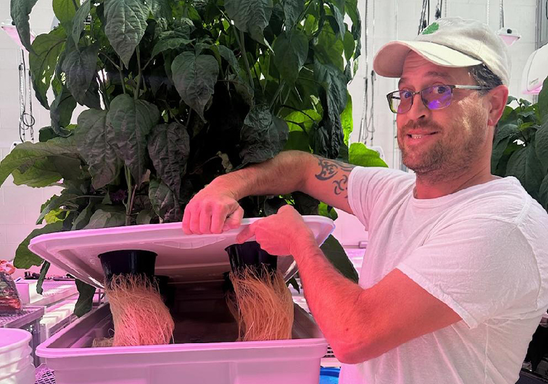 Researcher showing plants with roots