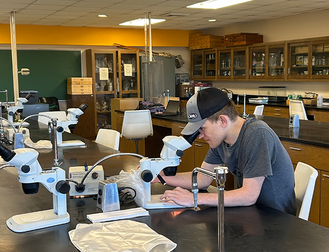 Man looking into microscope