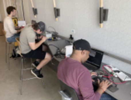 Researchers at a table with instruments