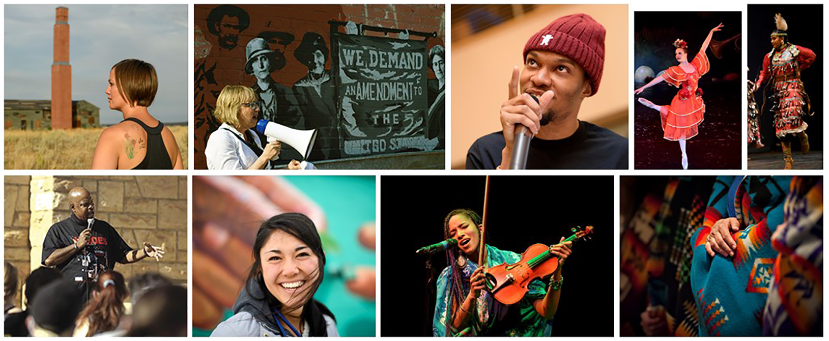 Collage picture with various images of speakers dancers and other diverse people