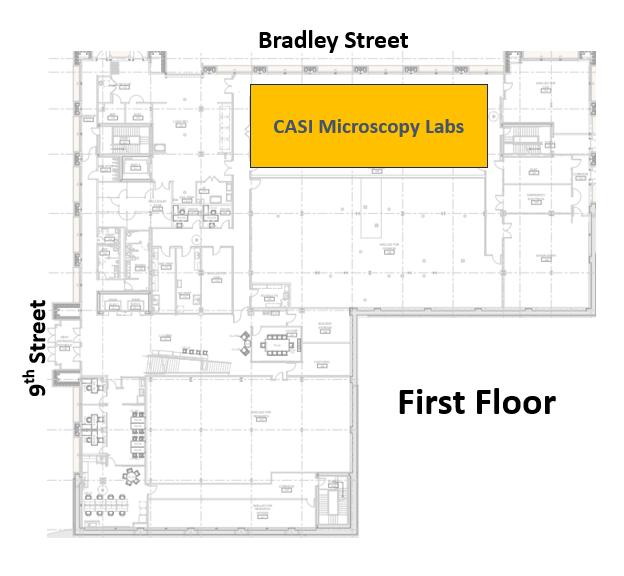 CASI first floor map, showing CASI microscopy labs closer to the Bradley Street side of building