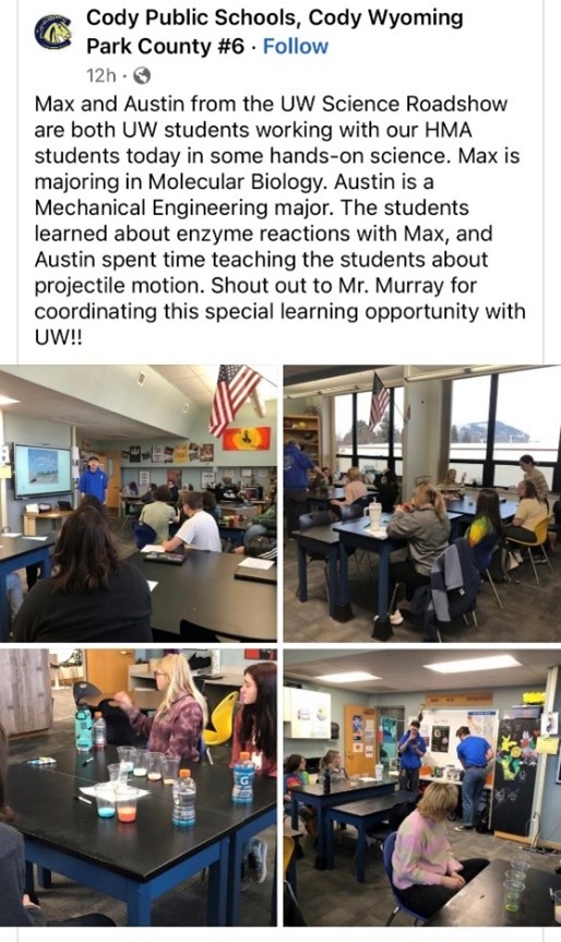 image of facebook post from Cody Public Schools page that includes information about outreach assistants Max and Austin, and shouts out Mr. Murray for coordinating the visit